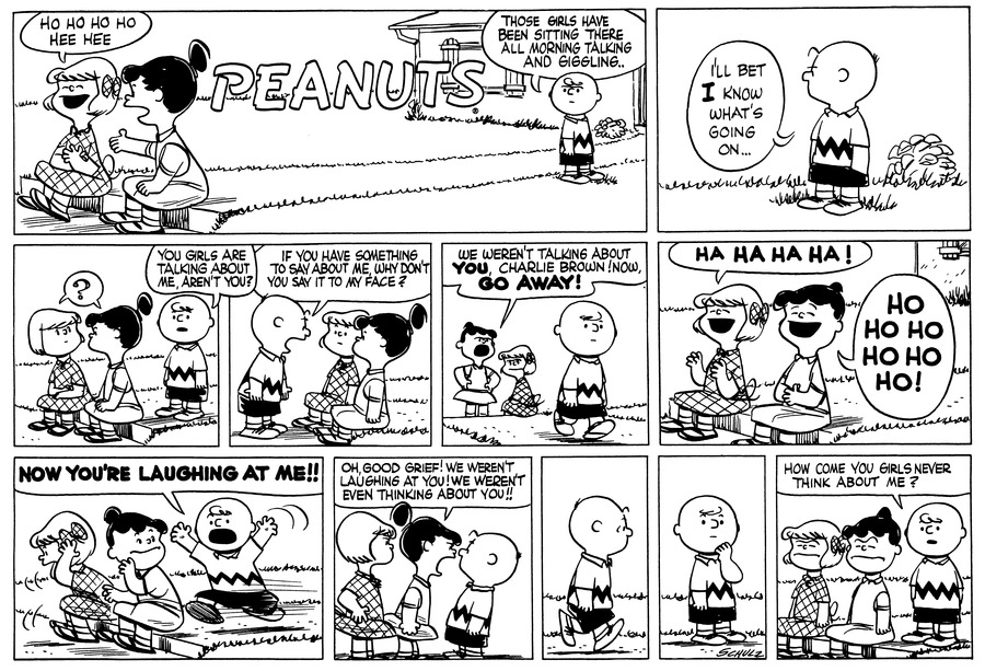 Charlie Brown Comic 1955-10-23 in which Charlie Brown thinks girls are laughing at him, but when they're not he replies 'How come you girls never think about me?'